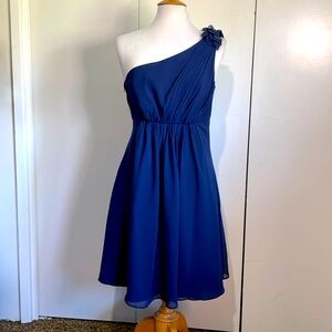 David's Bridal Blue One Shoulder Sheer Fully Lined Petal Detail Cocktail Dress